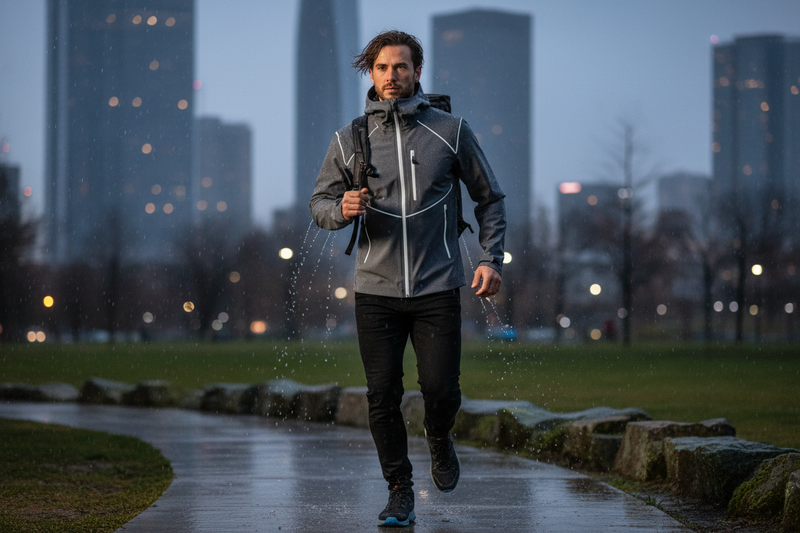 Lifestyle shot of waterproof tech jacket